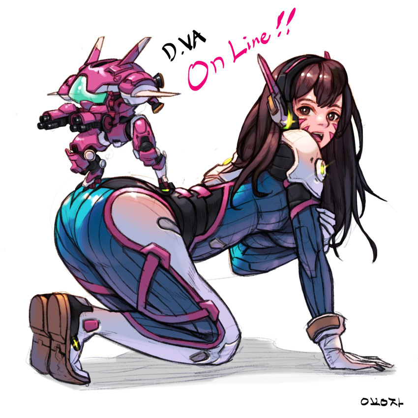 1girl all_fours artist_name bangs blue_bodysuit bodysuit boots bracer breasts brown_eyes brown_hair character_name d.va_(overwatch) facepaint facial_mark from_side full_body gloves hand_on_own_arm headphones highres long_hair looking_at_viewer mecha medium_breasts meka_(overwatch) on_floor open_mouth overwatch pauldrons pilot_suit pink_lips ribbed_bodysuit shoulder_pads simple_background skin_tight solo teeth thigh-highs thigh_boots thigh_strap tongue totocos whisker_markings white_background white_boots white_gloves