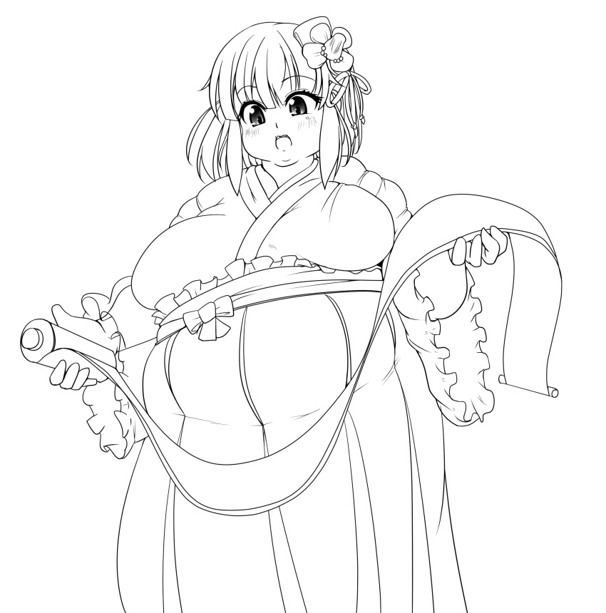 1girl absurdres big_belly blush breasts double_chin fat fat_folds flower hair_flower hair_ornament hieda_no_akyuu highres japanese_clothes kimono large_breasts nerizou obese reading scroll short_hair sketch solo touhou