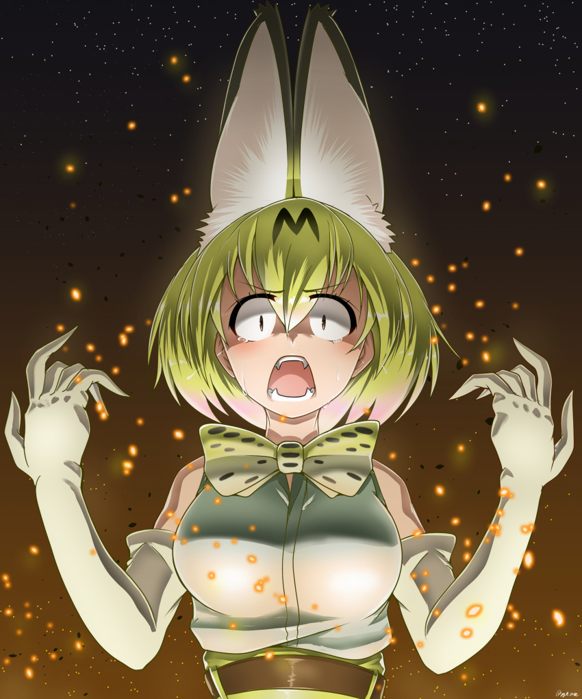 1girl absurdres animal_ears bow bowtie breasts cross-laced_clothes crying crying_with_eyes_open elbow_gloves fangs gloves high-waist_skirt highres kemono_friends looking_at_viewer medium_breasts open_mouth saizu_nitou_gunsou serval_(kemono_friends) serval_ears serval_print shirt skirt sleeveless sleeveless_shirt slit_pupils tears upper_body