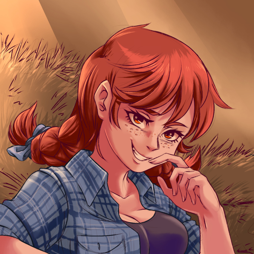 1girl bow braid breasts cleavage collarbone freckles grin hair_bow highres light medium_breasts plague_of_gripes plaid plaid_shirt red_eyes redhead shirt smile smug solo twin_braids upper_body wendy's wendy_(wendy's)