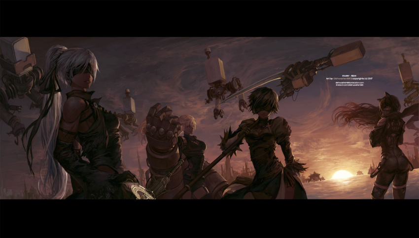 4girls artist_name bandanna blake_belladonna blindfold clouds cloudy_sky commentary cosplay crescent_rose dishwasher1910 ember_celica_(rwby) leather_suit multiple_girls myrtenaster nier_(series) nier_automata pod_(nier_automata) ponytail power_fist ruby_rose rwby scythe sky sunset sword weapon weiss_schnee yang_xiao_long yorha_no._2_type_b yorha_no._2_type_b_(cosplay)