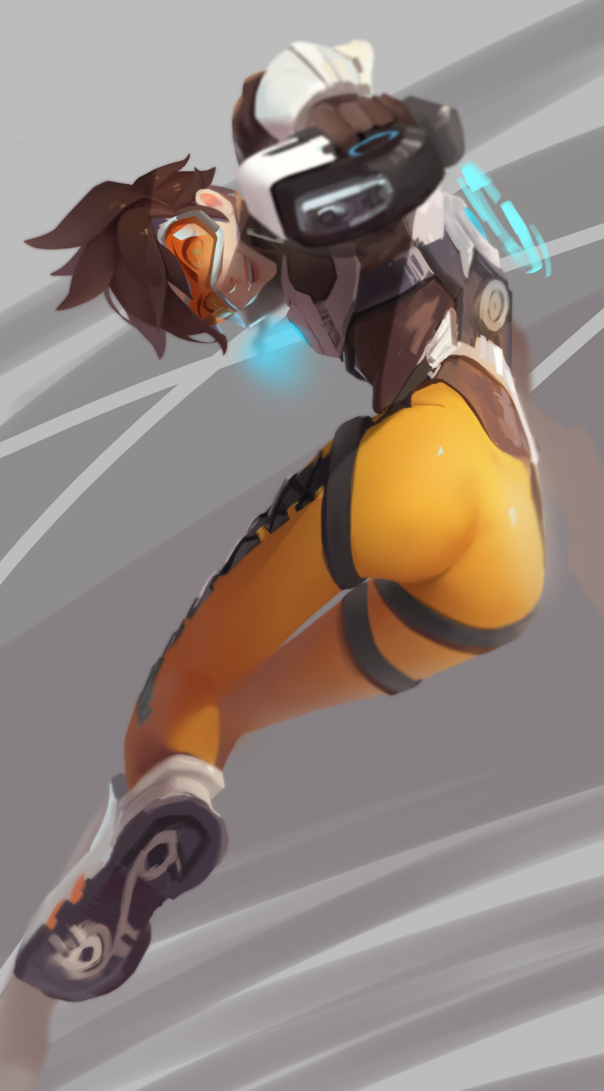 1girl absurdres ass bing_bing blurry bodysuit bomber_jacket brown_jacket depth_of_field ear_piercing foreshortening from_behind from_below goggles grey_background gun harness highres holding holding_gun holding_weapon jacket leather leather_jacket lips looking_at_viewer looking_down open_mouth orange_bodysuit overwatch pants piercing pink_lips shoes smile solo spiky_hair star star-shaped_pupils symbol-shaped_pupils tight tight_pants tracer_(overwatch) vambraces weapon