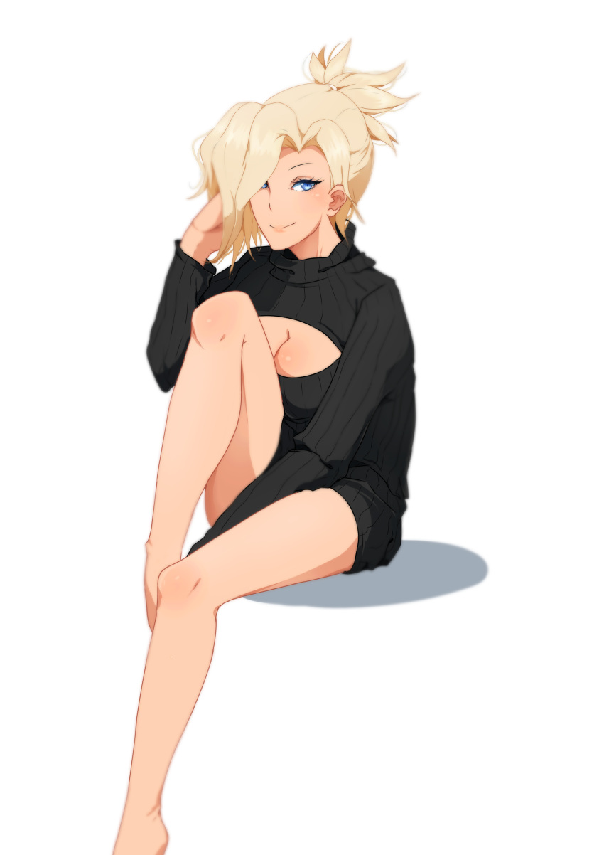 1girl absurdres barefoot black_sweater blonde_hair blue_eyes breasts casual citadeloli cleavage cleavage_cutout dress eyelashes hair_ornament hair_tie hand_to_head highres large_breasts legs long_hair looking_at_viewer meme_attire mercy_(overwatch) one_leg_raised open-chest_sweater overwatch ponytail ribbed_sweater short_hair sitting solo sweater sweater_dress turtleneck