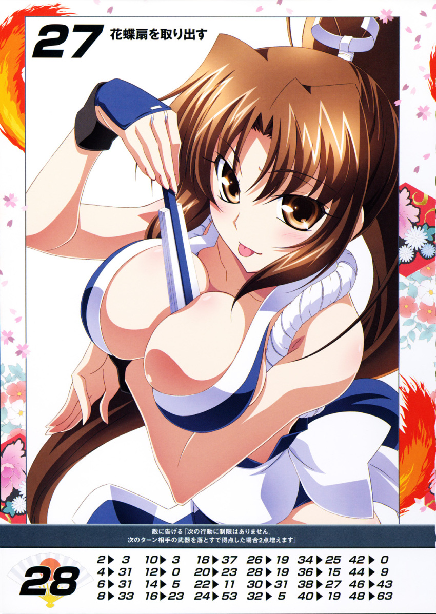 1girl bangs bare_shoulders between_breasts blush breasts brown_eyes brown_hair cleavage eyebrows_visible_through_hair fan fatal_fury highres izumi_mahiru large_breasts long_hair looking_at_viewer ninja official_art ponytail queen's_gate revealing_clothes scan shiranui_mai simple_background smile solo the_king_of_fighters tongue tongue_out