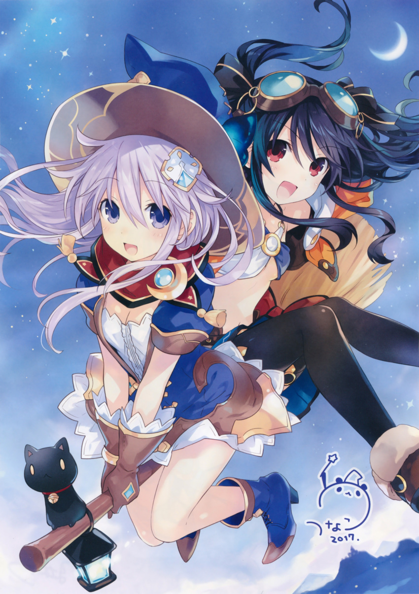 2girls absurdres black_hair boots breasts broom broom_riding cat cleavage crescent_moon dress four_goddesses_online:_cyber_dimension_neptune gloves goggles goggles_on_head hair_ornament hat highres kerosene_lamp long_hair medium_breasts moon multiple_girls navel nepgear neptune_(series) night night_sky open_mouth outdoors purple_hair red_eyes ribbon sky smile star_(sky) starry_sky tsunako two_side_up uni_(choujigen_game_neptune) violet_eyes witch witch_hat