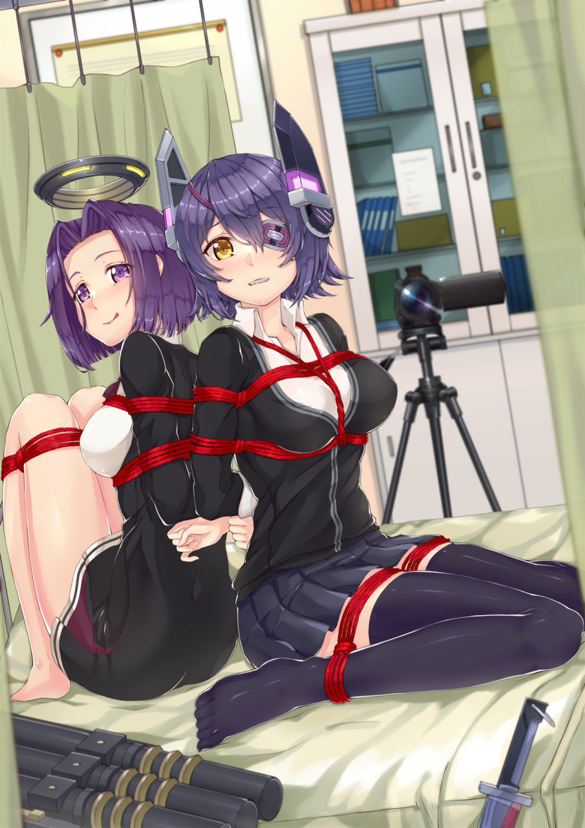 2girls ;q arms_behind_back back-to-back barefoot bdsm bed_sheet black_dress black_legwear black_skirt blush bondage bound bound_arms bound_wrists breasts camera clenched_teeth collared_shirt dress dress_shirt e_neko eyepatch hair_intakes headgear highres indoors kantai_collection large_breasts licking_lips long_sleeves looking_at_viewer mechanical_halo multiple_girls naughty_face on_bed one_eye_closed pleated_skirt purple_hair restrained rope shibari shibari_over_clothes shirt short_dress short_hair sitting sitting_on_bed skirt smile sword tatsuta_(kantai_collection) teeth tenryuu_(kantai_collection) thigh-highs tied_up tongue tongue_out violet_eyes weapon white_shirt yellow_eyes