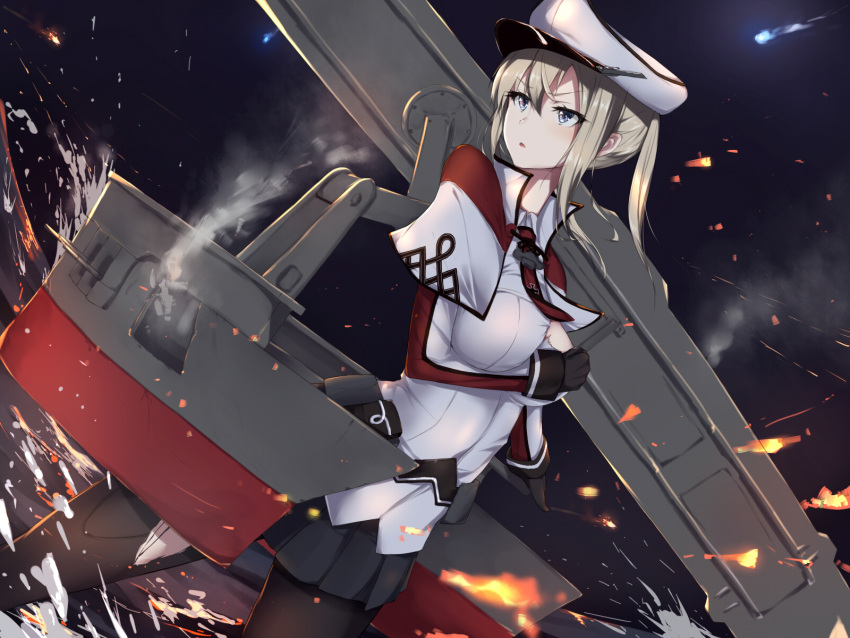 1girl black_gloves black_legwear black_skirt blonde_hair blue_eyes capelet commentary_request gloves graf_zeppelin_(kantai_collection) hair_between_eyes hat highres jacket kantai_collection long_hair long_sleeves machinery military military_uniform necktie pantyhose peaked_cap pleated_skirt red_necktie sidelocks skirt solo tokorotn torn_clothes torn_pantyhose twintails uniform white_jacket