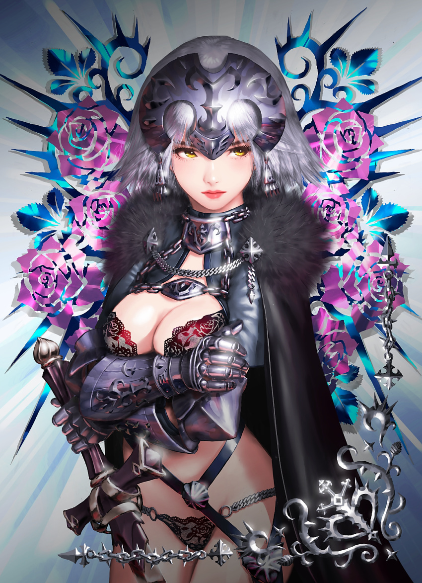 1girl ahoge armor bra breast_hold breasts cape chains cleavage closed_mouth cowboy_shot crossed_arms elbow_gloves eyelashes fate/grand_order fate_(series) flower fur_cape fur_trim gauntlets gloves headpiece highres holding holding_sword holding_weapon jeanne_alter lace lace-trimmed_bra lace-trimmed_panties large_breasts legs_together lingerie lips looking_to_the_side maeko_(pixiv17012595) medium_breasts nose panties pink_flower pink_lips pink_rose rose ruler_(fate/apocrypha) short_hair silver_hair solo standing strap sword underwear underwear_only weapon yellow_eyes