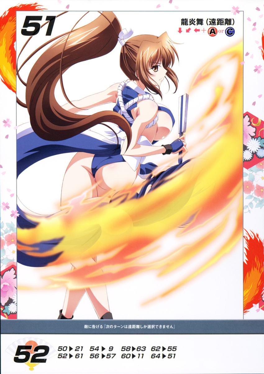 1girl ass bangs bare_shoulders breasts brown_eyes brown_hair eyebrows_visible_through_hair fan fatal_fury fire highres holding holding_fan izumi_mahiru large_breasts long_hair looking_at_viewer looking_back ninja official_art ponytail queen's_gate revealing_clothes scan shiranui_mai sideboob simple_background solo the_king_of_fighters