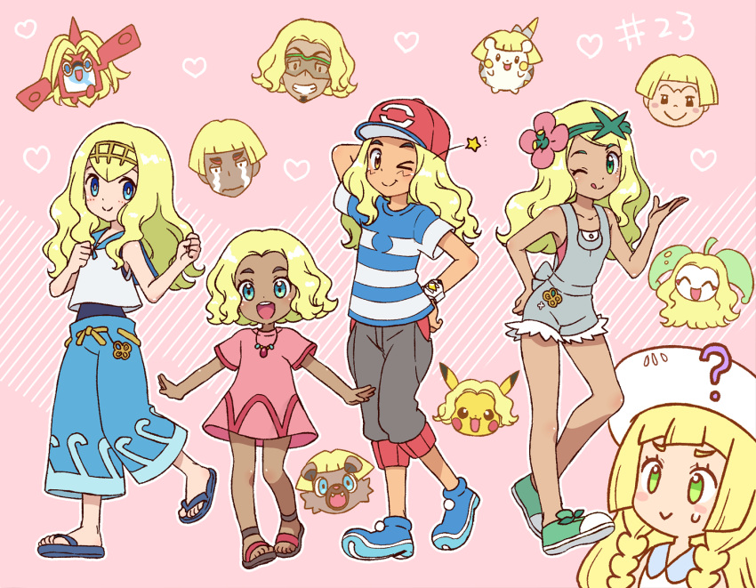 4boys 4girls ? baggy_pants baseball_cap blonde_hair blue_eyes blue_pants braid brother_and_sister capri_pants dark_skin dark_skinned_male dress flower green_eyes hair_flower hair_ornament hairband hat hoshi_(pokemon) jewelry kaki_(pokemon) kukui_(pokemon) lillie_(pokemon) long_hair mamane_(pokemon) mallow_(pokemon) multiple_boys multiple_girls necklace okonomi one_eye_closed open_mouth overalls pants pikachu pink_dress pokedex pokemon pokemon_(anime) pokemon_(creature) pokemon_sm_(anime) red_hat rockruff rotom rotom_dex sandals satoshi_(pokemon) shirt short_hair short_sleeves siblings sleeveless sleeveless_shirt smile steenee striped striped_shirt suiren_(pokemon) sun_hat sunglasses swimsuit swimsuit_under_clothes togedemaru trial_captain twin_braids white_hat wig z-ring