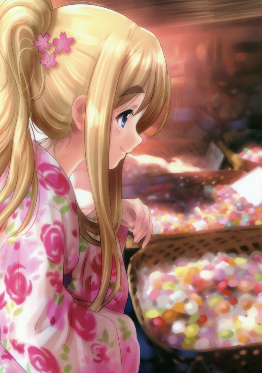 1girl absurdres blonde_hair blue_eyes eyebrows goto_p highres huge_filesize japanese_clothes k-on! kimono kotobuki_tsumugi ponytail profile smile solo yukata