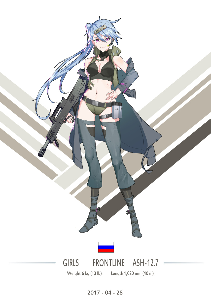 1girl absurdres ash-12.7_(girls_frontline) belt blue_hair boots breasts bullpup character_name cleavage dated detached_pants full_body girls_frontline gun hair_ornament hairclip hand_on_hip highres long_hair looking_at_viewer magazine_pouch medium_breasts reisun001 rifle russia russian_flag smile solo thigh-highs thigh_strap violet_eyes weapon