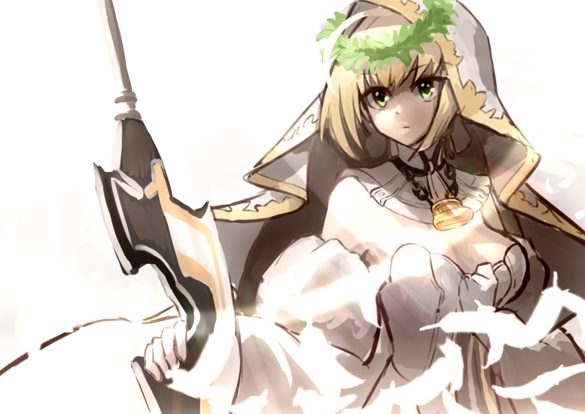 1girl aestus_estus bangs blonde_hair breasts chains closed_mouth detached_collar dress expressionless eyebrows_visible_through_hair fate/extra fate/extra_ccc fate_(series) feathers gloves holding holding_sword holding_weapon lock medium_breasts saber_bride saber_extra short_hair shunichi simple_background solo sword upper_body veil weapon white_background white_dress white_gloves wreath
