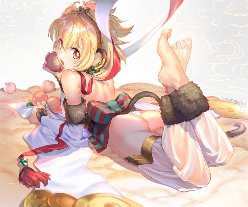 1girl anchira_(granblue_fantasy) artist_name ass barefoot blonde_hair blurry detached_sleeves feet food food_on_face from_behind fruit granblue_fantasy holy_pumpkin looking_back lying monkey_ears monkey_tail on_stomach open_mouth peach solo tail the_pose toes yellow_eyes