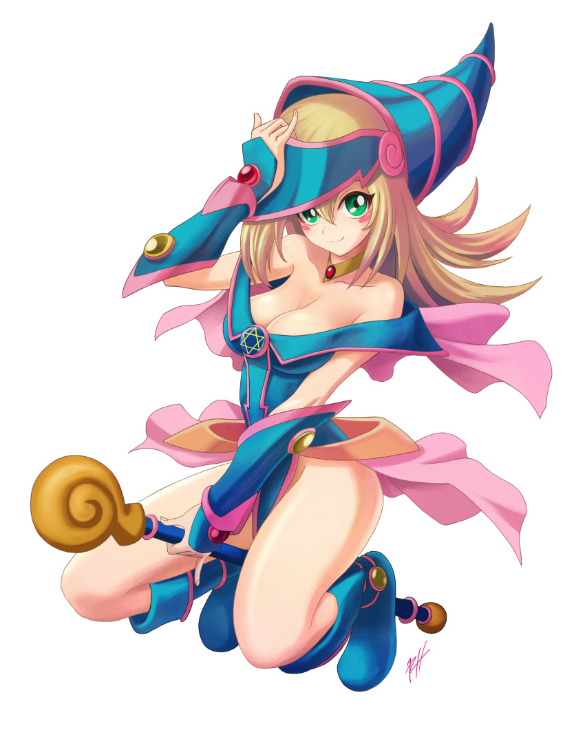 1girl absurdres bare_shoulders blonde_hair blue_boots blush blush_stickers boots breasts choker cleavage dark_magician_girl duel_monster full_body green_eyes hat highres large_breasts long_hair pentacle ranh smile solo staff wizard_hat yu-gi-oh! yuu-gi-ou_duel_monsters