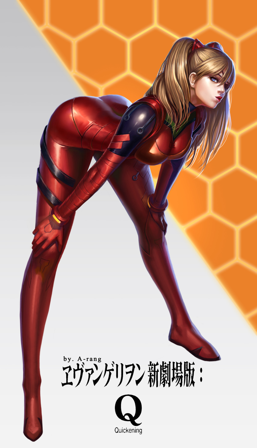 10s 1girl absurdres artist_name ass backlighting bangs bent_over blue_eyes bodysuit bracer breasts brown_hair copyright_name evangelion:_3.0_you_can_(not)_redo eyepatch from_side full_body gloves gradient gradient_background grey_background hair_between_eyes hair_over_shoulder hands_on_own_knees headgear hexagon highres honeycomb_(pattern) honeycomb_background large_breasts legs legs_apart lips lipstick long_hair long_legs looking_at_viewer makeup neon_genesis_evangelion number orange_background parted_bangs pilot_suit plugsuit pursed_lips realistic rebuild_of_evangelion red_lipstick shiny shiny_clothes solo souryuu_asuka_langley taekwon_kim tape turtleneck twintails