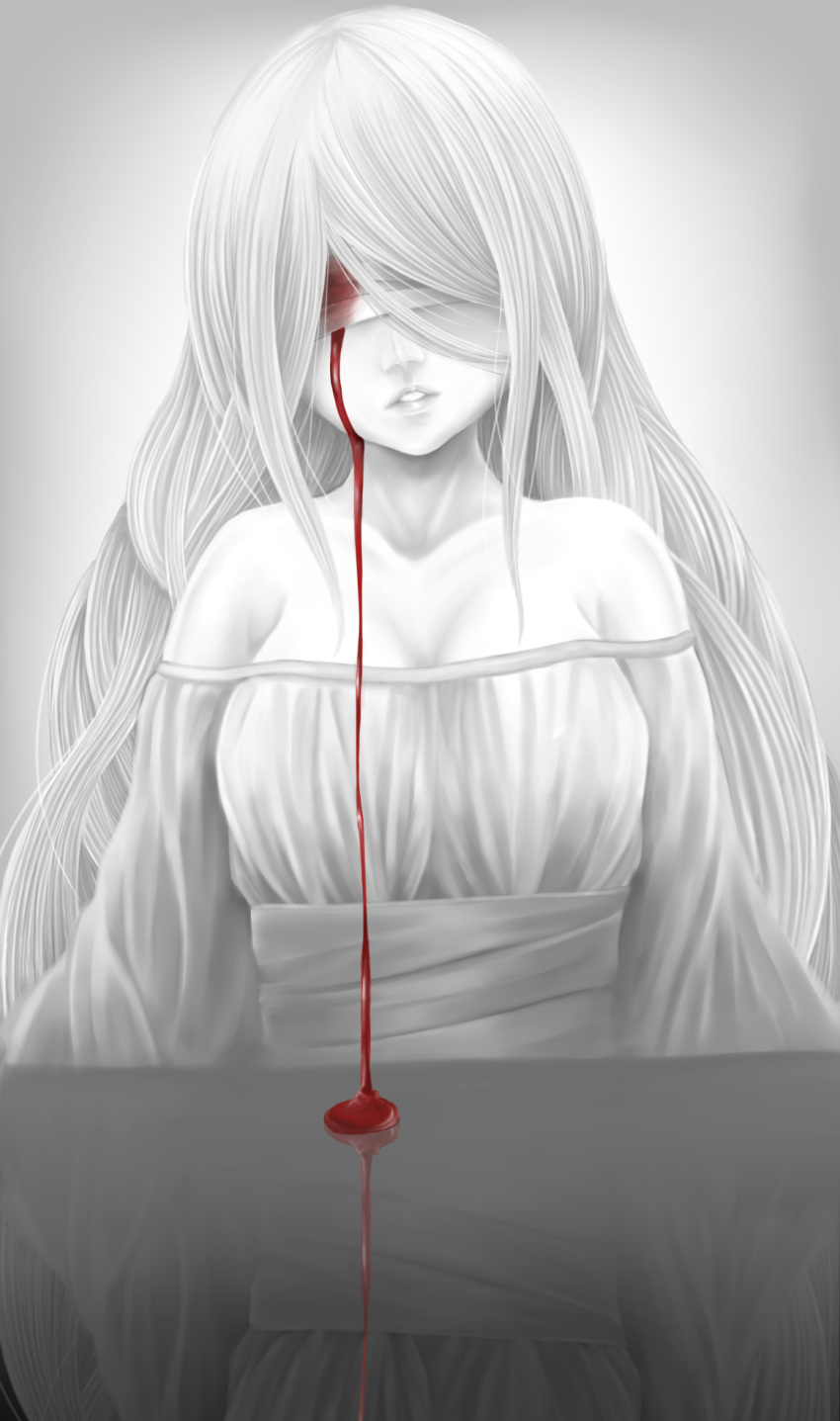 1girl bandaged_eyes bangs bare_shoulders blood bloody_tears breasts chitekkurin cleavage collarbone covered_eyes crying dress greyscale hair_over_eyes highres large_breasts lips long_hair medium_breasts monochrome nose original parted_lips reflection solo spot_color strapless strapless_dress streaming_tears tears teeth upper_body very_long_hair