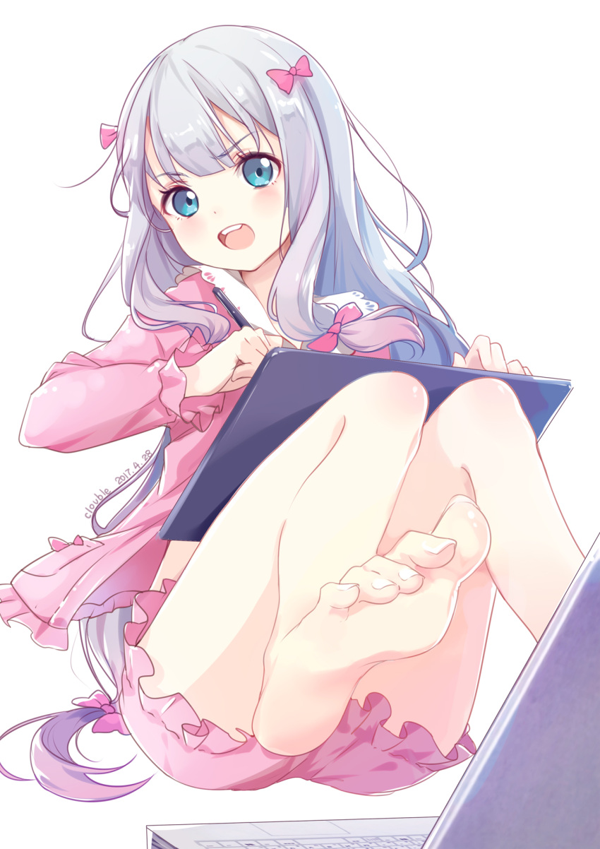 1girl 2017 angry artist_name bangs barefoot blue_eyes blush bow clouble computer dated drawing_tablet eromanga_sensei eyebrows_visible_through_hair feet frilled_sleeves frills hair_bow hands_up highres holding holding_pen izumi_sagiri knees_up laptop leg_up long_hair long_sleeves looking_at_viewer low-tied_long_hair open_mouth pajamas pink_bow sidelocks silver_hair simple_background soles solo stylus toenails toes upper_teeth very_long_hair white_background
