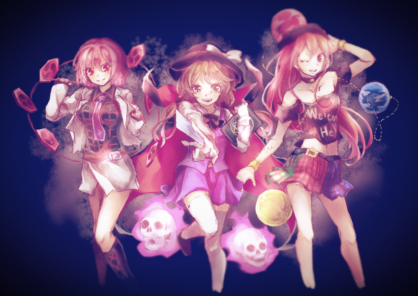 3girls :d ;) belt black_boots blush book boots bow bracelet breasts cape clothes_writing collar collarbone cross-laced_footwear drumsticks earth_(ornament) fedora foreshortening formal gloves hat hat_bow hecatia_lapislazuli highres holding holding_book horikawa_raiko instrument jacket jewelry lace-up_boots long_sleeves looking_at_viewer medium_breasts miniskirt moon_(ornament) multiple_girls neck_ribbon necktie off-shoulder_shirt one_eye_closed open_clothes open_jacket open_mouth parted_lips plaid plaid_shirt plaid_skirt polos_crown purple_necktie ribbon shirt shometsu-kei_no_teruru short_sleeves skirt skirt_set skirt_suit smile spirit suit suit_jacket taiko_drum thigh-highs touhou usami_sumireko white_gloves white_legwear
