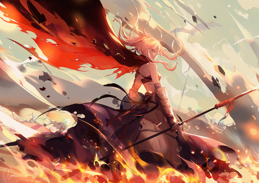 1girl armor bare_shoulders battlefield blonde_hair blue_eyes cape clare_(543) elbow_gloves fate/grand_order fate_(series) fire gauntlets gloves long_hair looking_at_viewer solo_focus strapless tubetop weapon wind