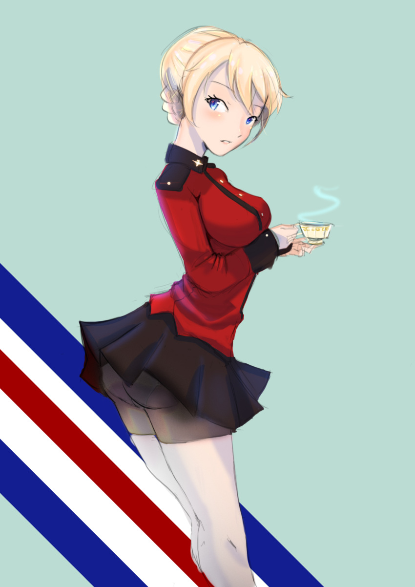 1girl blonde_hair blue_eyes blush cup darjeeling girls_und_panzer green_background highres kkyz13 looking_at_viewer parted_lips short_hair sketch skirt solo st_gloriana's_school_uniform teacup wind wind_lift