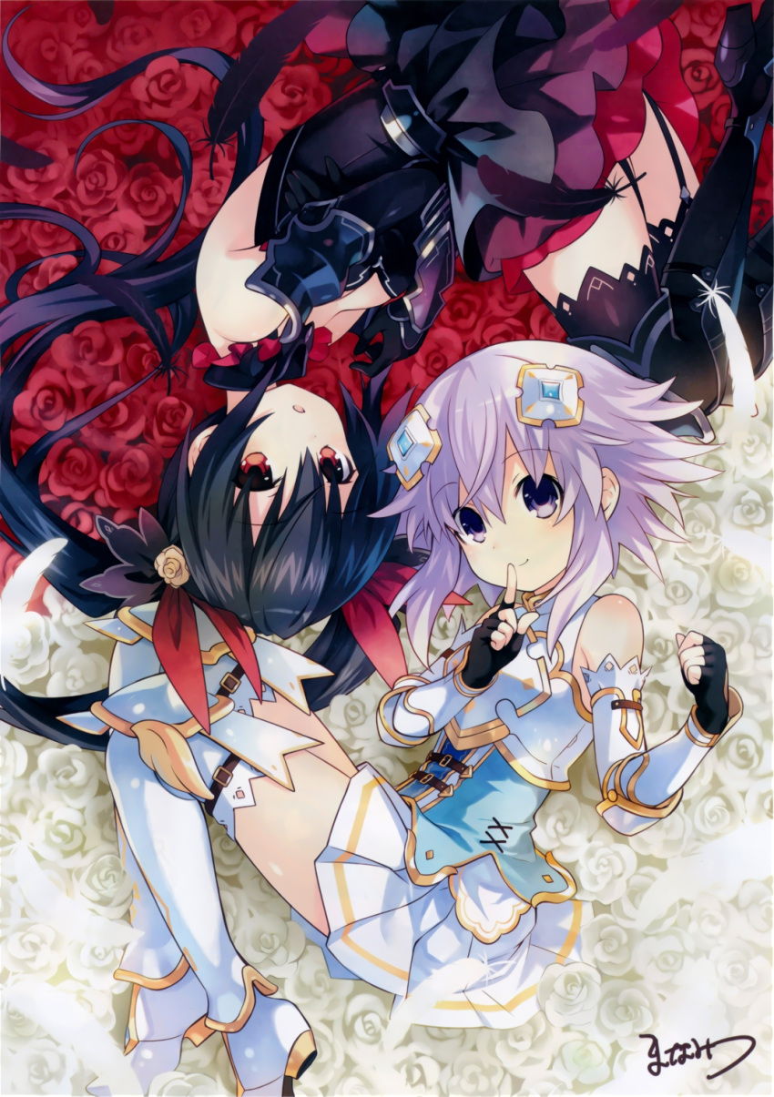2girls armor armored_boots armored_dress black_hair boots breastplate breasts fantasy feathers finger_to_mouth fingerless_gloves flower four_goddesses_online:_cyber_dimension_neptune gauntlets gloves hair_ornament highres long_hair looking_at_viewer lying manamitsu medium_breasts multiple_girls neptune_(choujigen_game_neptune) neptune_(series) noire on_side pleated_skirt purple_hair red_rose rose short_hair signature skirt thigh-highs twintails violet_eyes white_rose zettai_ryouiki