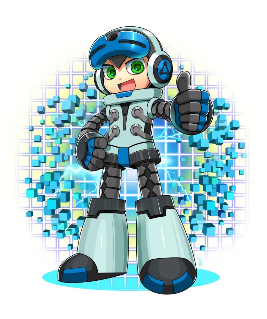 1boy android beck_(mighty_no._9) full_body hand_on_hip headphones highres male_focus mighty_no._9 open_mouth rangsiwut_sangwatsharakul smile solo thumbs_up