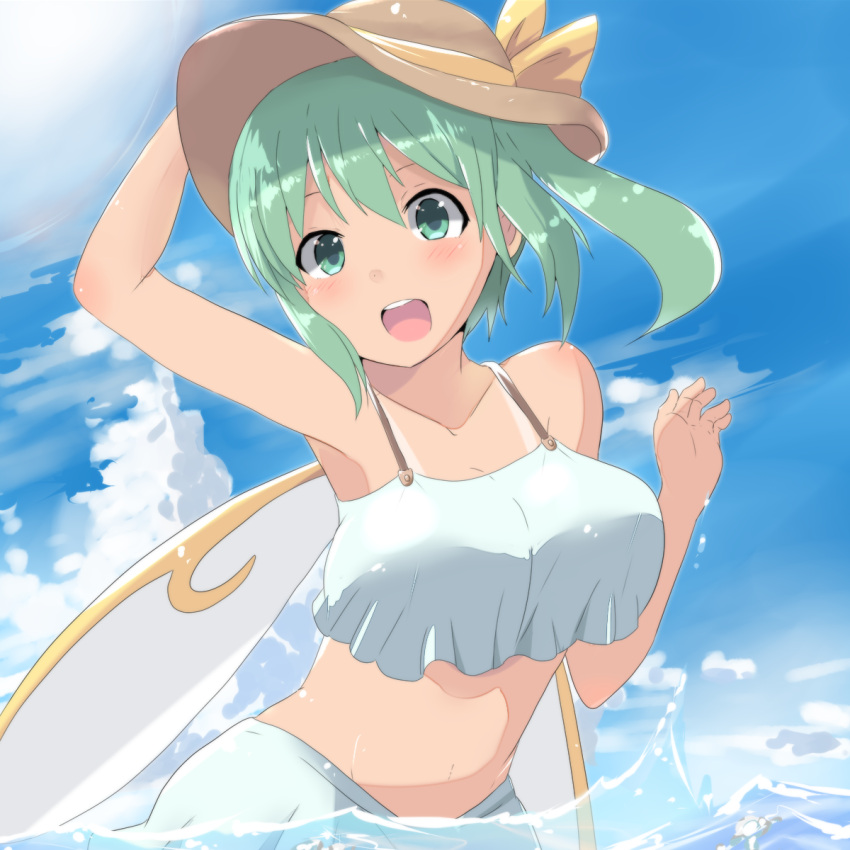 1girl :d arm_up bare_arms bare_shoulders bikini bikini_skirt blue_sky blush breasts clouds collarbone crop_top crop_top_overhang daiyousei day fairy_wings green_eyes green_hair hair_between_eyes hand_on_headwear hand_up hat hat_ribbon highres kuromu_(underporno) long_hair medium_breasts midriff navel open_mouth outdoors partially_submerged ribbon side_ponytail sky smile solo stomach swimsuit tan tanline touhou upper_body water wet wings