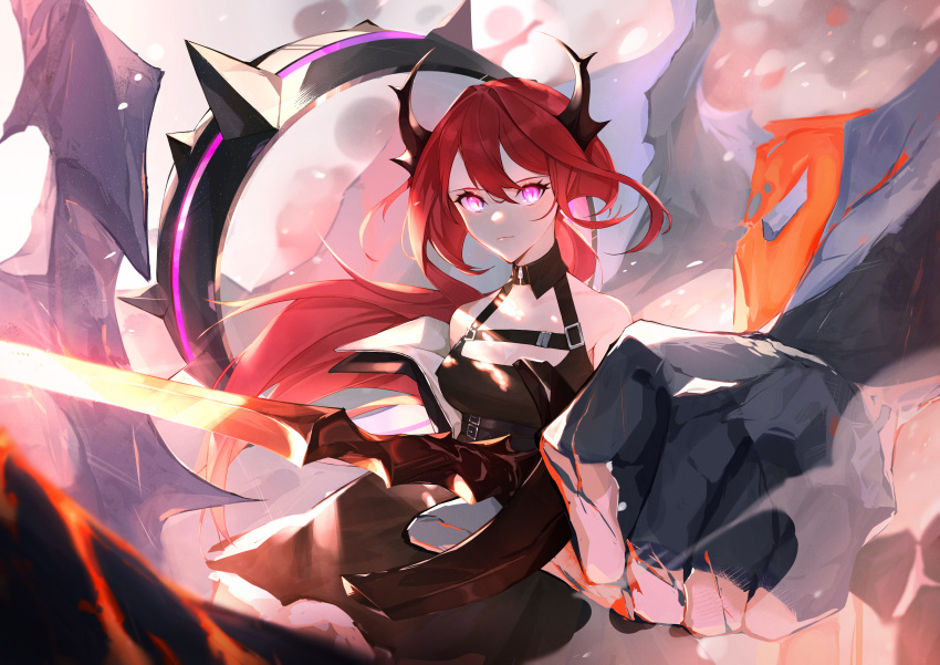 1girl absurdres arknights bare_shoulders collar demon demon_girl demon_horns dress floating_hair highres holding holding_weapon horns huge_filesize jacket looking_at_viewer molten_rock redhead spiked_collar spikes surtr_(arknights) sword unchiganiowanai violet_eyes weapon