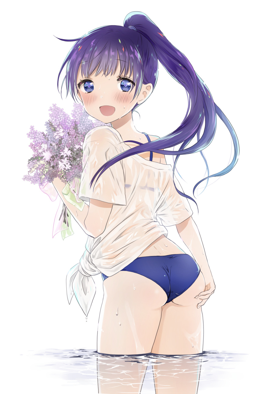 1girl absurdres ass bikini bikini_under_clothes blue_bikini blue_eyes cyonmage flower from_behind highres long_hair looking_at_viewer looking_back open_mouth original ponytail purple_hair see-through shirt simple_background solo swimsuit t-shirt tied_shirt wading white_background