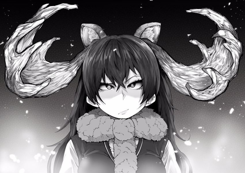 1girl animal_ears antlers commentary_request greyscale highres kemono_friends long_hair monochrome moose_(kemono_friends) moose_ears scarf solo uneven_eyes upper_body yonyon_(yotayota_honpo)