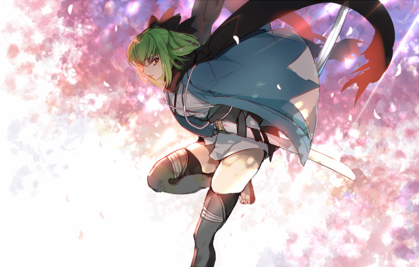 1girl black_scarf blurry blurry_background boots breasts c.c. cherry_blossoms closed_mouth code_geass cosplay creayus fate_(series) from_side gblack_boots green_hair holding holding_sword holding_weapon japanese_clothes katana kimono koha-ace leaning_forward leg_up light_rays looking_at_viewer looking_to_the_side medium_breasts petals profile sakura_saber sakura_saber_(cosplay) sandals sash scarf serious sheath shinsengumi short_hair short_kimono solo standing standing_on_one_leg sunbeam sunlight sword thigh-highs thigh_boots toeless_boots unsheathed weapon white_kimono yellow_eyes