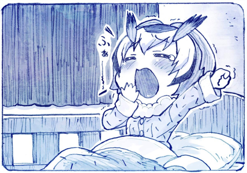 1girl bed blush closed_eyes fur_collar indoors kemono_friends long_sleeves me-tan monochrome northern_white-faced_owl_(kemono_friends) open_mouth outstretched_arm pajamas sakino_shingetsu short_hair tears trembling yawning