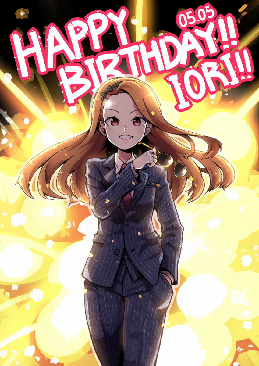 1girl :d absurdres black_background black_bow black_hairband blue_pants blue_suit bow breasts brown_hair buttons character_name collared_shirt cowboy_shot dated dia_(yvirus68) english explosion formal hairband hand_in_pocket happy_birthday highres holding holding_sunglasses idolmaster long_hair long_sleeves looking_at_viewer minase_iori necktie open_mouth panties pants pink_eyes pink_necktie pinstripe_pattern pinstripe_suit pocket shirt small_breasts smile solo standing striped striped_panties striped_suit suit sunglasses sunglasses_removed teeth underwear vertical-striped_pants vertical_stripes white_shirt wing_collar