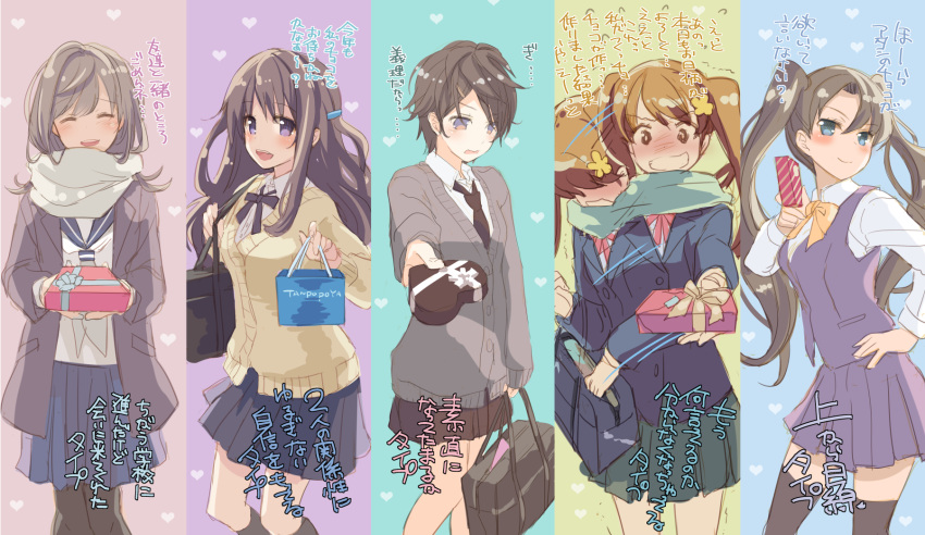 5girls bag blazer blue_eyes box brown_eyes brown_hair cardigan column_lineup commentary_request flower gift gift_box hair_flower hair_ornament hairclip hand_on_hip heart heart-shaped_box heart_background highres incoming_gift jacket kneehighs long_hair multiple_girls naruse_chisato neckerchief open_clothes open_jacket original pantyhose pleated_skirt presenting school_bag school_uniform serafuku shopping_bag short_hair skirt thigh-highs translation_request twintails valentine vest violet_eyes