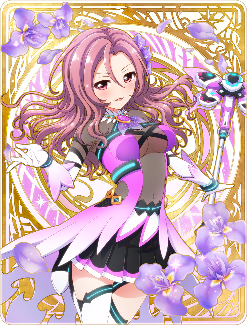 battle_girl_high_school breasts curly_hair flower gloves hair_ornament highres long_hair looking_at_viewer mole navel official_art open_mouth petals purple_hair serizawa_renge solo violet_eyes wand