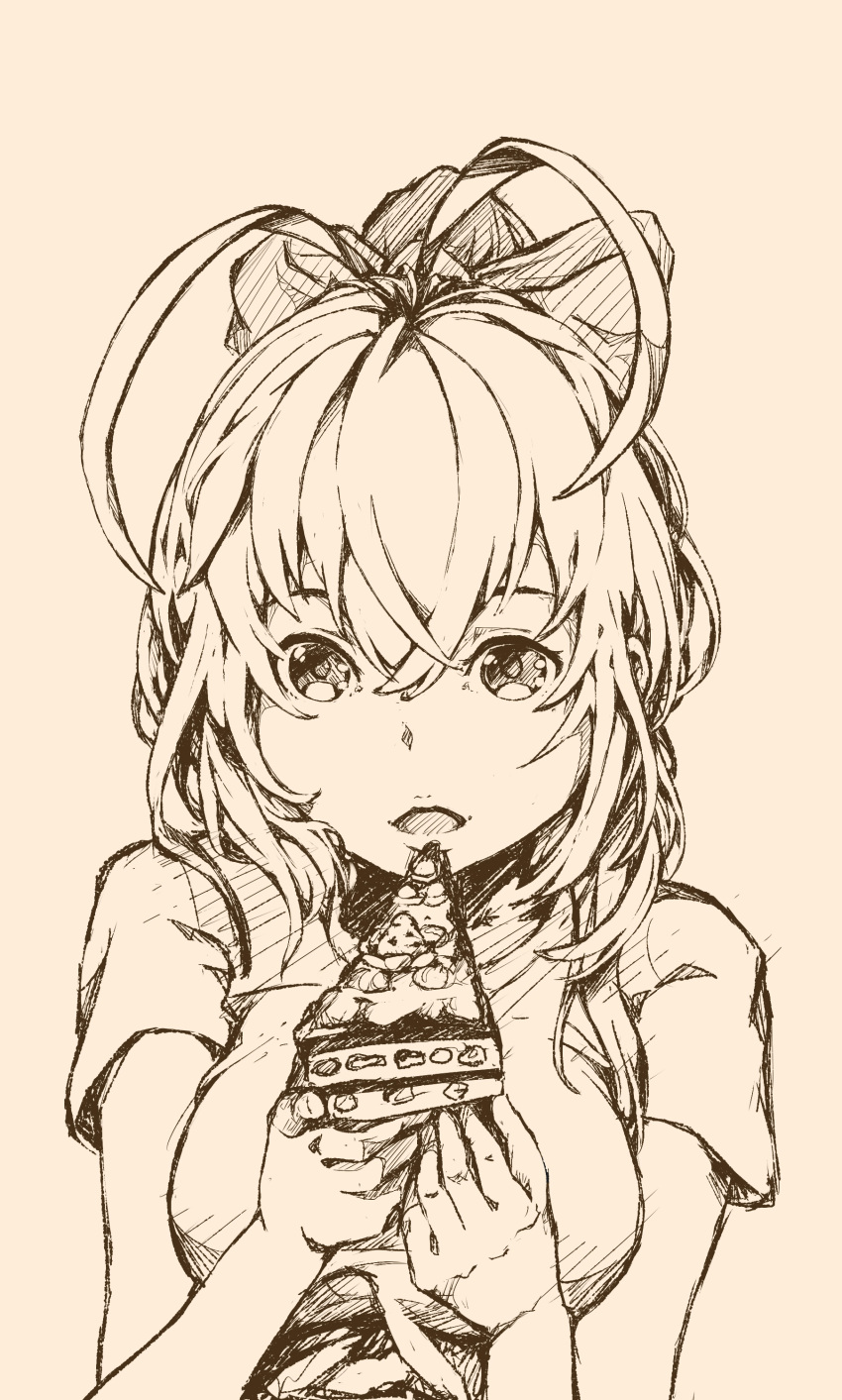 1girl :o absurdres antenna_hair blazblue bow breasts cake eating food fruit genderswap genderswap_(mtf) hair_between_eyes hair_bow highres holding holding_food large_breasts long_hair mai_natsume monochrome olegna_zueqram open_mouth pastry ponytail ribbon sepia_background shirt sidelocks solo strawberry strawberry_shortcake t-shirt upper_body very_long_hair