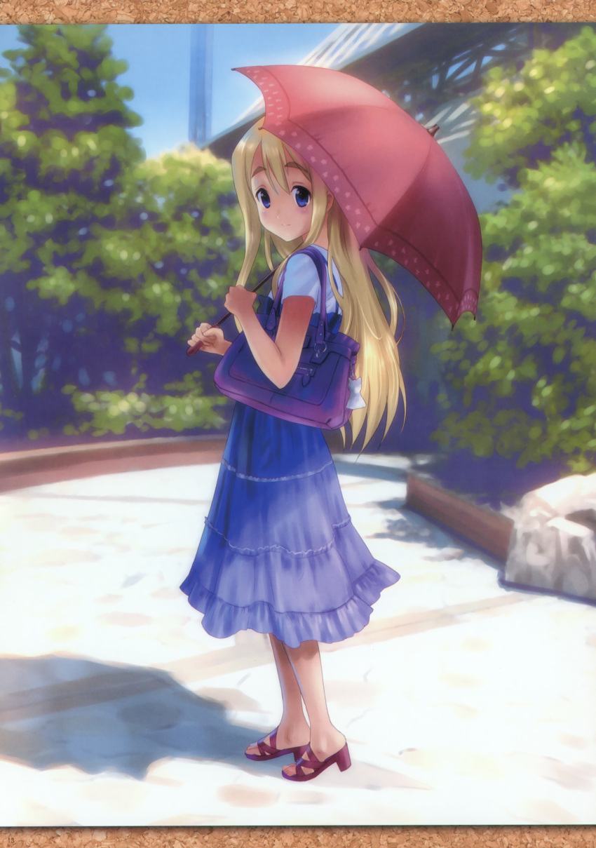 1girl absurdres bag blonde_hair blue_eyes blush casual eyebrows from_behind goto_p handbag highres huge_filesize k-on! kotobuki_tsumugi long_hair looking_back sandals shade skirt smile solo tree umbrella