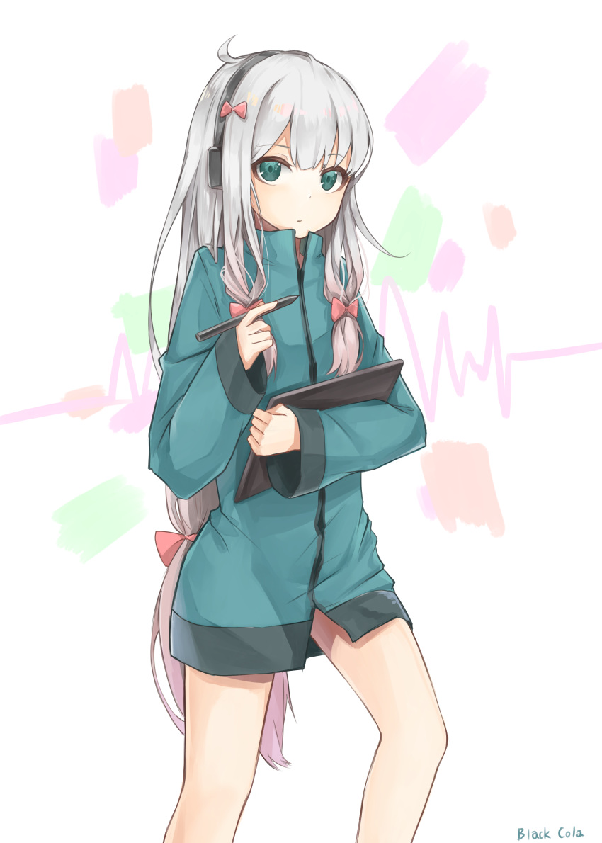 1girl absurdres artist_name bangs black_cola blunt_bangs bow closed_mouth cowboy_shot drawing_tablet eromanga_sensei eyebrows_visible_through_hair gradient gradient_hair green_eyes green_hood green_jacket hair_bow hair_ornament hand_up high_collar highres holding holding_pen hood hood_down hooded_jacket izumi_sagiri jacket legs_apart long_hair long_sleeves looking_at_viewer low-tied_long_hair multicolored_hair pink_bow pocket purple_hair sidelocks silver_hair sleeves_past_wrists solo stylus very_long_hair