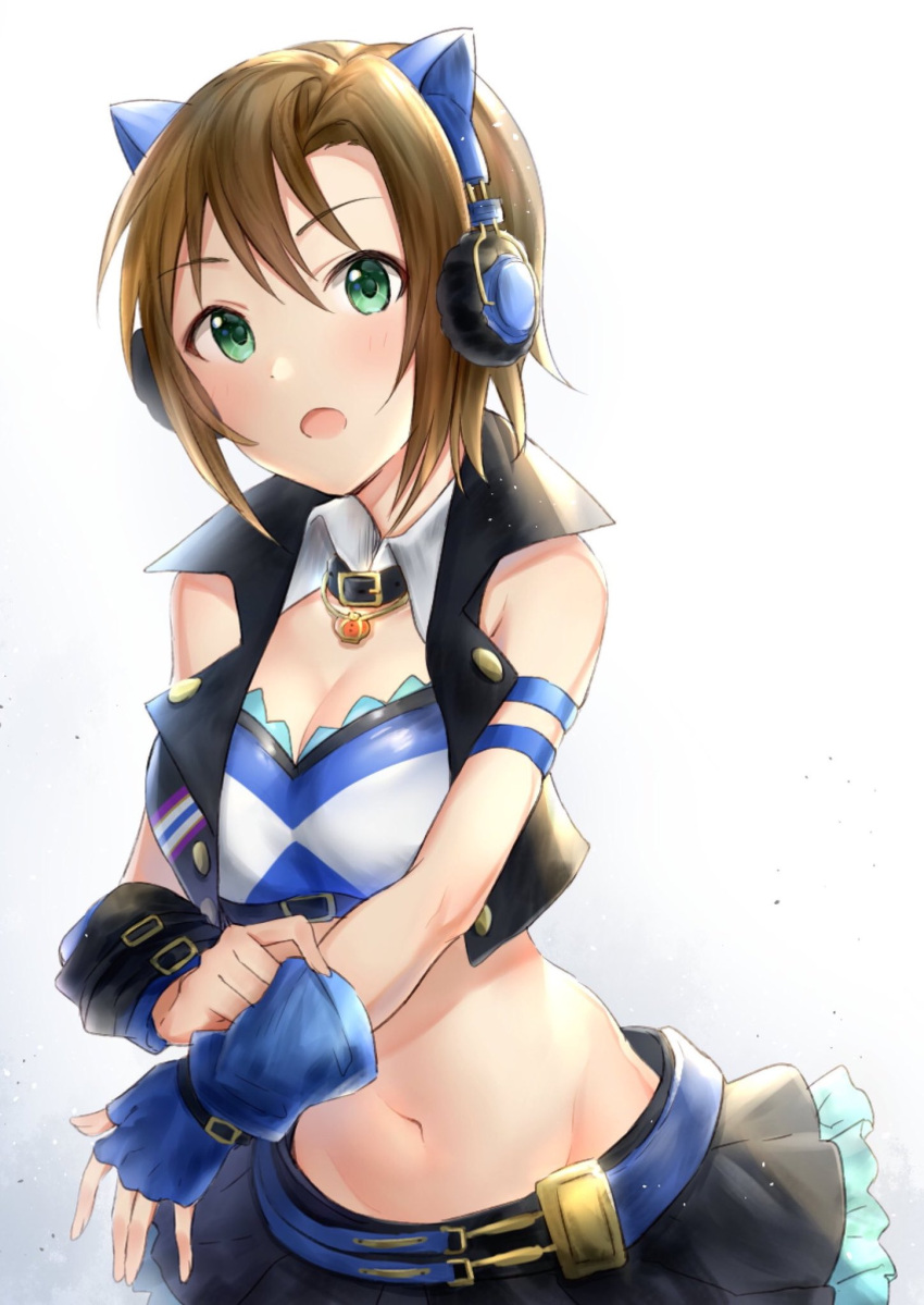 1girl armband bare_shoulders belt beltskirt black_skirt blue_gloves breasts brown_hair buttons cat_ear_headphones cleavage collar crown detached_collar elbow_gloves fingerless_gloves gloves green_eyes hair_between_eyes headphones highres idolmaster idolmaster_cinderella_girls jewelry looking_at_viewer midriff miniskirt navel necklace open_mouth putting_on_gloves short_hair simple_background skirt small_breasts solo tada_riina takeya_y0615 vest