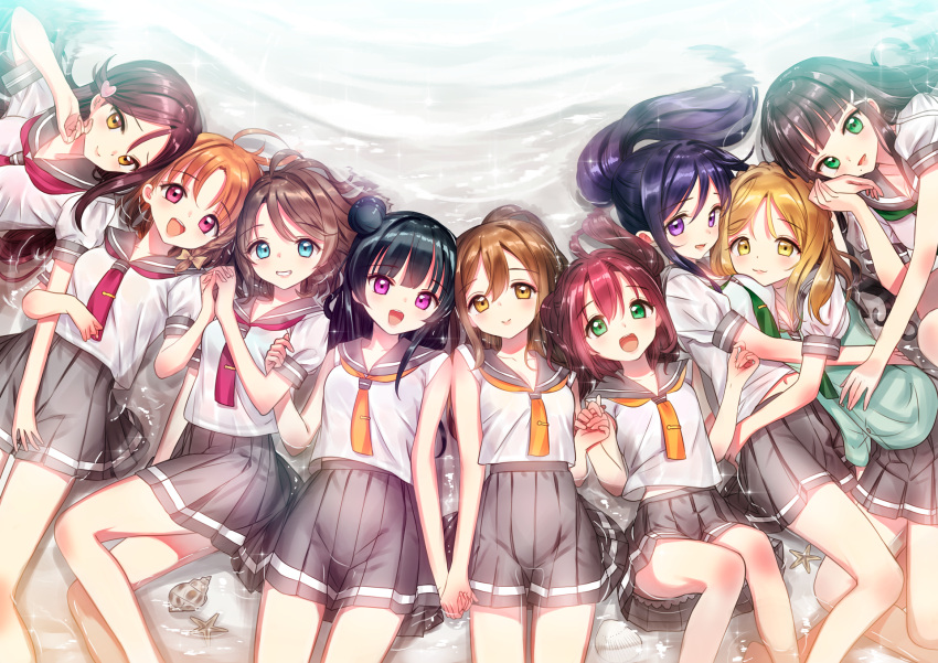 6+girls :d ahoge bangs beach blunt_bangs blush breasts closed_mouth collarbone green_vest grey_skirt hair_between_eyes hair_ornament hand_holding heart_hair_ornament highres hug interlocked_fingers kunikida_hanamaru kurosawa_dia kurosawa_ruby locked_arms long_hair looking_at_viewer love_live! love_live!_sunshine!! lying lying_on_water matsuura_kanan medium_breasts miniskirt multiple_girls neckerchief ohara_mari on_back open_mouth parted_bangs parted_lips pleated_skirt ponytail puffy_short_sleeves puffy_sleeves sakurauchi_riko school_swimsuit shell shirt short_hair short_sleeves side_bun skirt sleeveless sleeveless_shirt smile starfish swimsuit takami_chika tsukigami_runa tsushima_yoshiko vest watanabe_you white_shirt