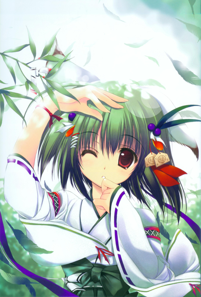 absurdres animal_ears green_hair highres japanese_clothes kimono leaf leaves long_sleeves miko red_eyes ribbon ribbons short_hair tenmu_shinryuusai wind windy wink