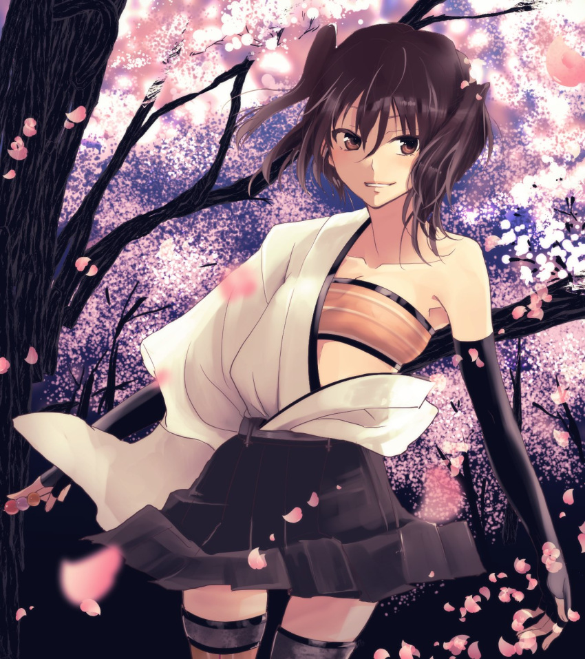 1girl bandeau bare_shoulders breasts brown_eyes brown_hair cherry_blossoms cleavage collarbone commentary_request cosplay cowboy_shot dango elbow_gloves food gloves grin hair_between_eyes hakama_skirt highres japanese_clothes kajii_supana kantai_collection kimono long_hair partly_fingerless_gloves petals sendai_(kantai_collection) shouhou_(kantai_collection) shouhou_(kantai_collection)_(cosplay) small_breasts smile solo thigh-highs tree two_side_up wagashi