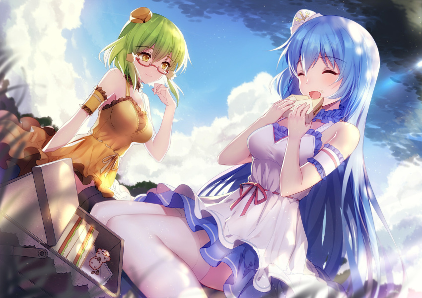 2girls :d ^_^ arm_strap bangs bare_shoulders bison_cangshu black_legwear blue_hair blush breasts character_request closed_eyes closed_mouth clouds cloudy_sky dappled_sunlight day dress food glasses green_hair hair_between_eyes hat highres large_breasts long_hair looking_at_another mini_hat multiple_girls open_mouth outdoors picnic_basket red-framed_eyewear sandwich semi-rimless_glasses short_hair sitting sky smile sunlight thigh-highs under-rim_glasses very_long_hair wariza white_dress white_legwear yellow_dress yellow_eyes zhan_jian_shao_nyu