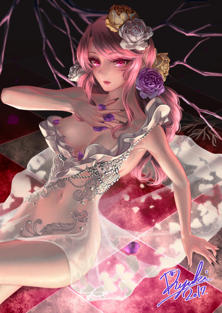 1girl arm_support bangs black_nails branch breasts checkered checkered_floor cleavage collarbone dress fangs fingernails flower hair_flower hair_ornament highres large_breasts long_fingernails long_hair looking_at_viewer nail_polish navel original parted_lips petals pink_hair purple_rose red_eyes rose rose_petals ryuki@maguro-ex see-through sharp_fingernails sidelocks signature sitting solo swept_bangs wavy_hair white_dress white_rose yellow_rose