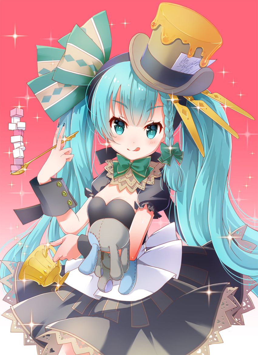 1girl ;q alice_in_wonderland bangs between_fingers black_bow black_dress black_hairband black_ribbon blunt_bangs blush bow bowtie braid breasts brown_hat cleavage cowboy_shot cup dress eyebrows_visible_through_hair fingernails frilled_sleeves frills genderswap genderswap_(mtf) gradient gradient_background green_bow green_bowtie green_eyes green_hair green_nails green_ribbon hair_bow hair_ornament hair_ribbon hairband hand_up hat hat_ribbon highres holding holding_cup holding_spoon holding_stuffed_animal licking_lips long_hair looking_at_viewer mad_hatter nail_polish one_eye_closed puffy_short_sleeves puffy_sleeves ribbon sakura_(superbunnys) short_sleeves side_braid small_breasts smile solo spoon stuffed_animal stuffed_bunny stuffed_toy sugar_cube teacup tongue tongue_out top_hat tress_ribbon twintails very_long_hair wrist_cuffs