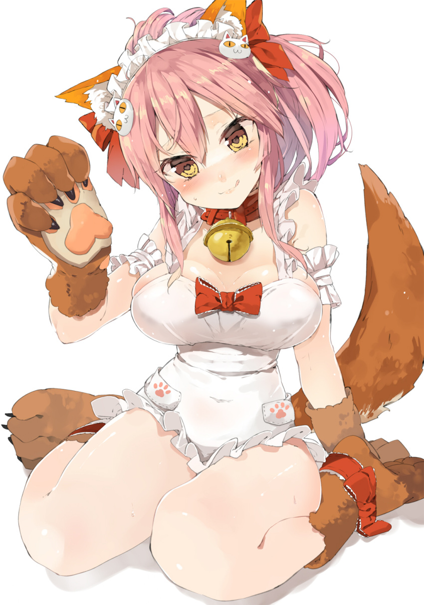 1girl :q animal_ears apron arm_support bare_shoulders bell blush bow breasts brown_eyes collar commentary_request fake_animal_ears fate/grand_order fate_(series) fox_tail hair_bow hair_ornament head_tilt heart heart-shaped_pupils highres koba large_breasts legs licking_lips maid_headdress naked_apron naughty_face paw_print paws pink_hair simple_background sitting smile solo symbol-shaped_pupils tail tamamo_(fate)_(all) tamamo_cat_(fate) tongue tongue_out wariza white_background
