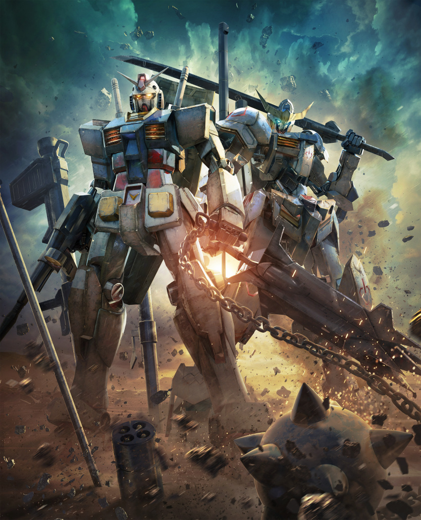 absurdres artist_request backlighting beam_rifle energy_gun flail gundam gundam_barbatos gundam_tekketsu_no_orphans gundam_versus highres holding holding_weapon mace mecha no_humans official_art rx-78-2 sparks sword weapon