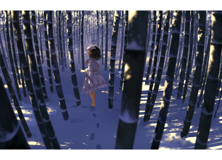 1girl bamboo bamboo_forest barefoot black_hair bunny_tail carrot_necklace dress footprints forest frilled_dress frills highres inaba_tewi looking_at_viewer looking_back nature red_eyes ribbon-trimmed_dress ribbon-trimmed_sleeves ribbon_trim short_hair smile snow solo suna_(s73d) tail touhou walking white_dress wide_sleeves winter