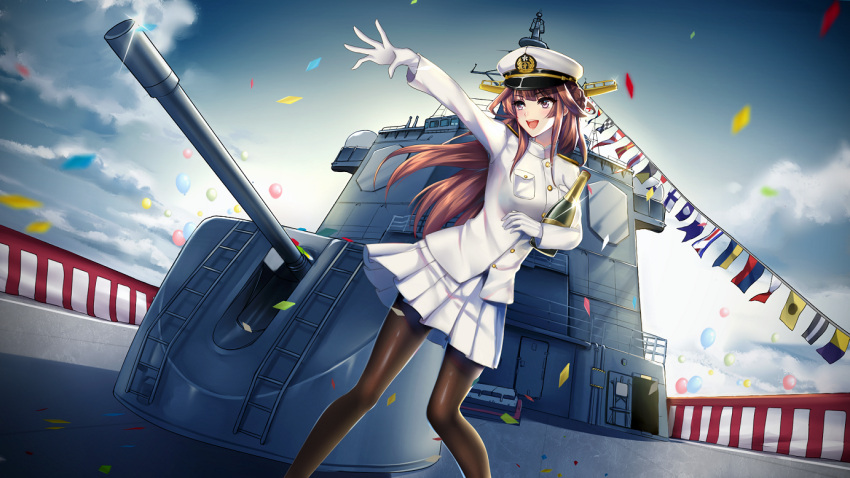 1girl :d alcohol backlighting brown_hair bulkheads champagne clouds confetti contemporary dutch_angle gloves hair_bun hat kantai_collection kongou_(jmsdf) kongou_(kantai_collection) looking_to_the_side meaomao military military_uniform military_vehicle naval_uniform open_mouth outstretched_arm pantyhose pleated_skirt ship skirt sky smile solo turret uniform violet_eyes warship watercraft